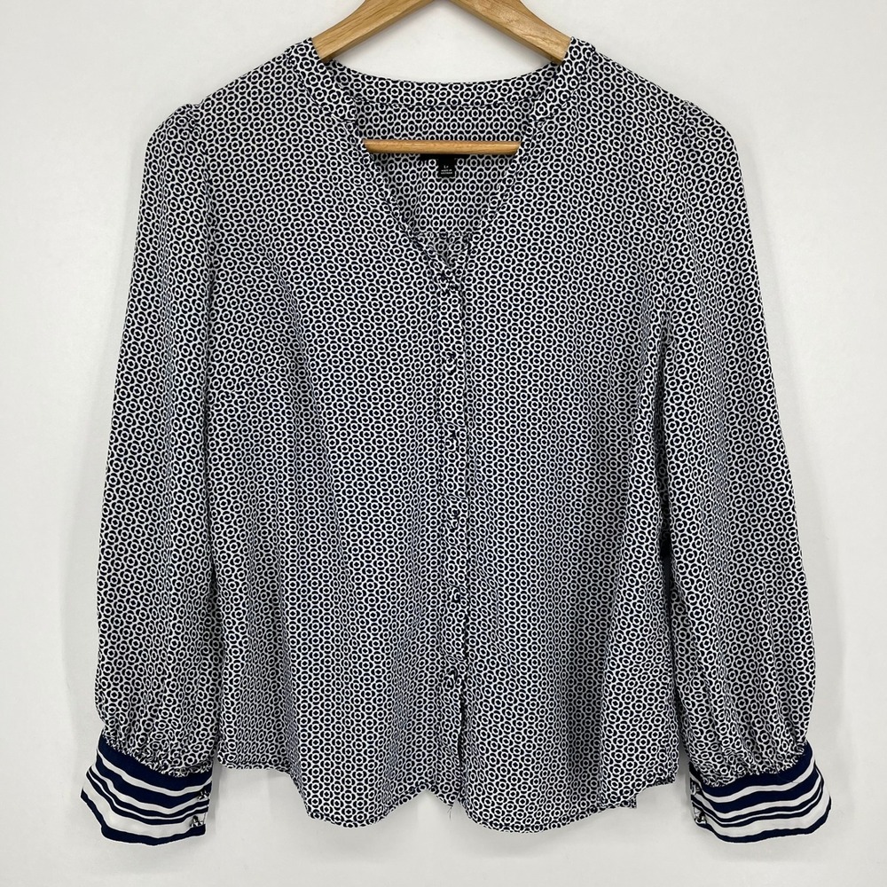 Talbots Petite Navy White Geometric Print Button Down Blouse Striped Cuffs LP